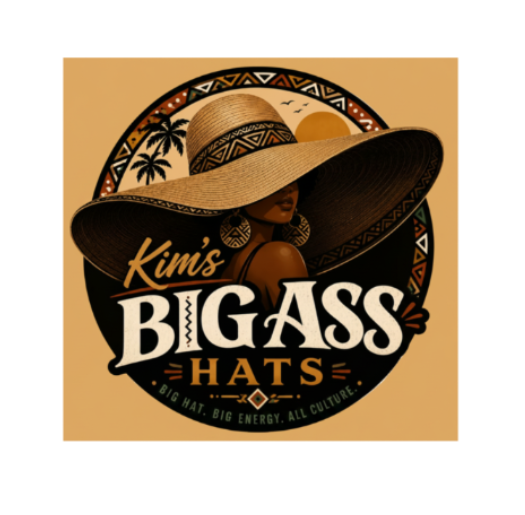 Logo for 'Kim's Big Ass Hats' with a woman wearing a large hat against a sunset background.