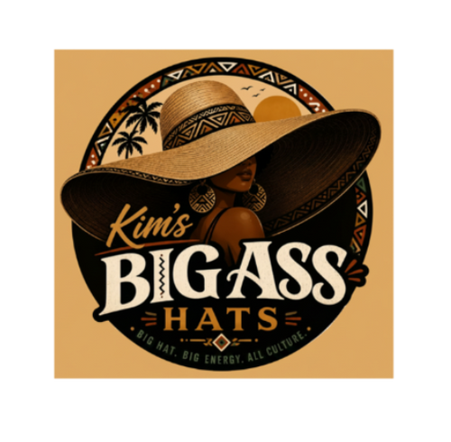 Logo for 'Kim's Big Ass Hats' with a woman wearing a large hat against a sunset background.